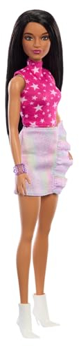 Barbie Fashionistas Puppe Nr. 215 mit schwarzem, glattem Haar, pinkem Oberteil mit Sternenmuster und schillerndem Rock, Modepuppe zum Sammeln anlässlich des 65. Jubiläums, HRH13