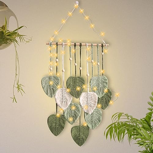 Arazzo da Parete in Macramè, Arazzi Tessuti a Mano in Stile Boemo, Decorazione Bohémien Foglie Forma Tessuti Arazzo per Decorazione Casa Salotto Matrimonio Muro 40 X 80 cm (Verde Militare)