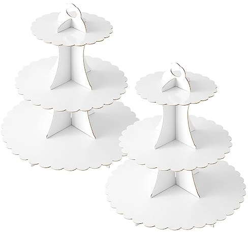 Soleebee Supporto per torte in cartone, 3 ripiani, supporto per cupcake, porta muffin, accessorio per feste di compleanno, matrimonio, feste, torte, panini, 2 pezzi, colore bianco