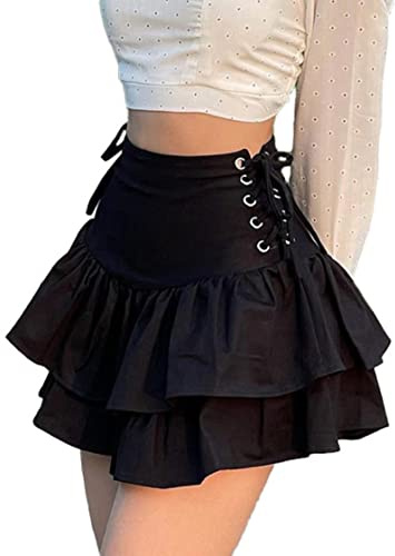 XKBHYD Minirock Damen Rüsche Stufenrock Hohe Taille Öse Bandage Plissee Rock Gothic Kleidung