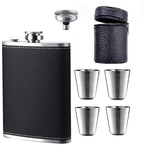 Zixrmor 1X304 Flachmann und Trichter, 4 kleine Tassen,8oz.227 ml Geeignet Zum Tragen von Alkohol, Aus Edelstahl Flachmann (Schwarz)