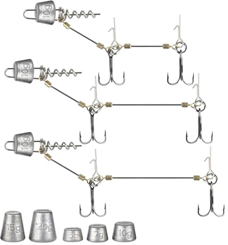 TOATELU Lot de 3 hameçons stinger avec système de leader et 5 poids interchangeables, systèmes de brochet à visser pour poissons en caoutchouc, avec tête plombée, pour appâts de tailles 10, 13, 18 cm