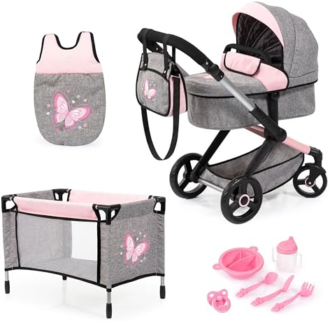 Bayer Design 17033AD carrozzina per bambole, passeggino, con letto, borsa, sacco a pelo e accessori in plastica