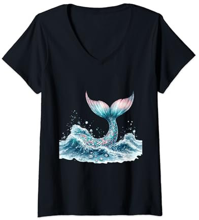 Damen Meerjungfrau Ocean Splash Regenbogen Schwanz Meer Meerjungfrauen Flosse T-Shirt mit V-Ausschnitt