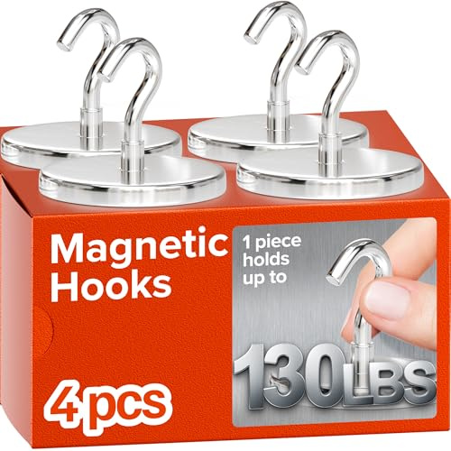 Neodymium Magnet Hooks - Heavy Duty Strong Magnetic Hooks for Cruise, Fridge, Wall, Kitchen, and Garage, Powerful Magnets with Hooks for Hanging, Bathroom, Ceiling, Van, and Grill (4, 130)