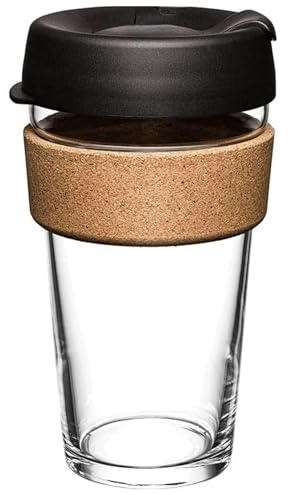 Reusable Glass Coffee Cup/Travel Mug with Lid - Heat Resistant Sleeve Surround Eco Friendly with Plugged Removable Soft Silicone Lid (Black 470ML Cork)