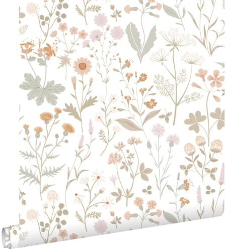 papier peint fleurs des champs vert et rose terracotta 53 cm x 10.05 m - ESTAhome