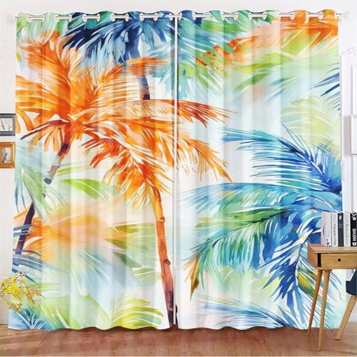 Qiqumax Palmenblätter Gardinen Verdunklungsgardine Grüne Tropische Pflanze Blume Muster Vorhänge Monstera Und Palmblätter Digitaldruck Verdunkelungsvorhänge (1,150x166cm(BxH)/ 75x166cmx2)
