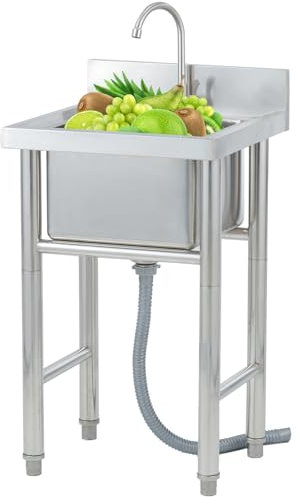 Edelstahl Küchenspüle Spültisch mit Wasserhahn, FreistehendeS püle Gewerbliche Edelstahl mit Ablassvorrichtung, Multifunktions Waschtisch Spülbecken für Küche, Restaurant, L: 50/60 cm