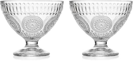 OnePine Set of 2 Vintage Glass Footed Ice Cream Bowls, 220ml Transparent Glass Sundae Dishes Dessert Dishes, Height 8.6cm Glass Dessert Bowls for Dessert, Ice Cream, Sorbet, Fruit and Pudding
