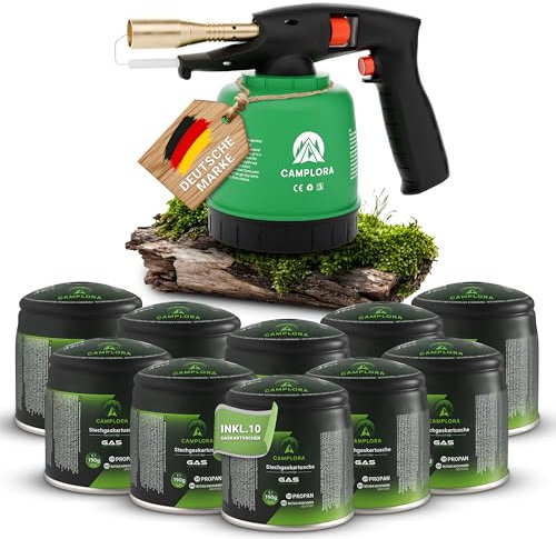 CAMPLORA Soplete Con Encendido Piezoeléctrico y 10 Cartuchos de 190g, Quemador de Gas Para Taller, Soldador Bunsenbrenner