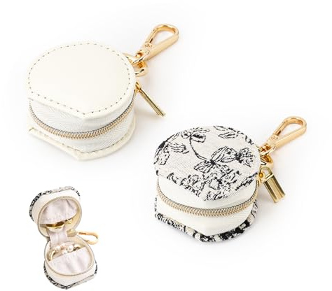LELE LIFE 2er-Pack Reise-Schmuck-Ringhalter Schlüsselanhänger, Mini-Schmuck-Reiseetui, kleine Ring-Ohrringe-Ohrstecker-Halskette Aufbewahrungsorganizer-Box, Weiß + Blume