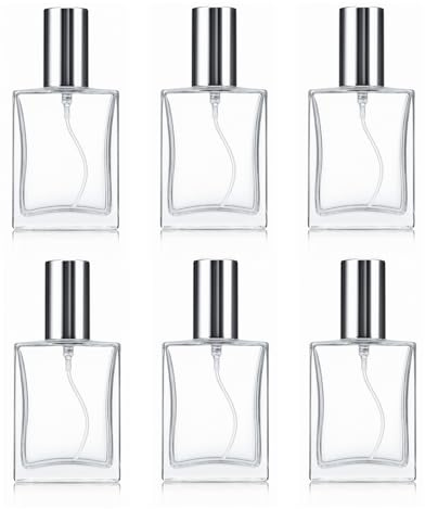 6 paquetes de botellas atomizadoras de vidrio transparente de 1 onza/30 ml, rellenables, dispensadores de perfume de niebla fina, recipientes con tapas plateadas para viajes, decantaciones, colonia