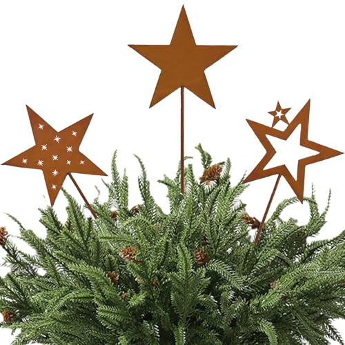 Ljevandria 3 Stück Gartenstecker Rost Sterne deko Weihnachten Weihnachtsstecker Outdoor Blumenstecker Metallstern Gartendeko für Draußen Roststecker Weihnacht deko Advent Winterdeko Garten (3 Sterne)