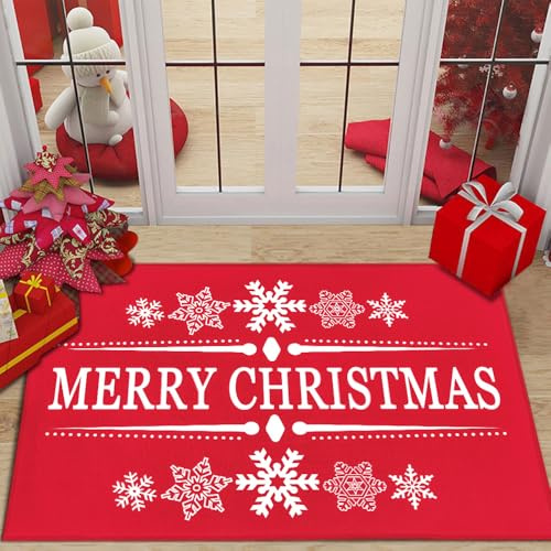 Merry Christmas Door Mat, 40 x 70 cm Xmas Welcome Door Mats for Indoor Outdoor Entrance, Merry Christmas Rugs with Non-Slip Rubber Back, Red Washable Winter Doormat, Snowflake Front Door Carpet Decor.