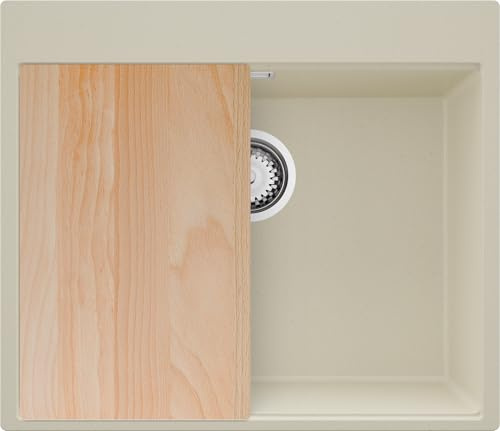 PRIMAGRAN Lavello da Cucina al Mobile 60cm + Kit di scarico, 58x50cm | Set: Kit di scarico (sifone, piletta, troppopieno) + Tagliere + Lavandino in Granito a 1 Vasca - Oslo Top, Beige