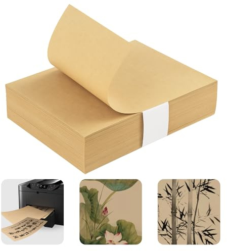 Flewdart 100pcs reispapier A4 (297x210mm) Druckbares eindicken, rice paper druck xuan papier, reis papier für chinesische japanische kalligraphie Tusche Malerei (Halbgegartes Xuan golden)