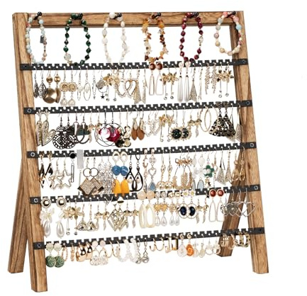 Emfogoo Örhängen i 6 lager, stor smyckeshållare med 285 hål och 6 armbandskrokar, rustik örhängeshållare, smyckesförvaring av trä och metall för örhängen, armband, halsband
