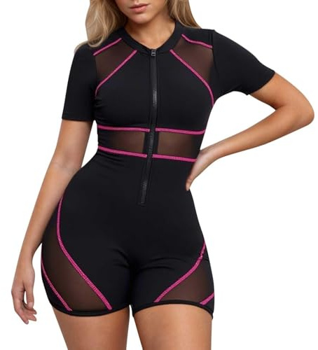 LXEASYGO Womens Athletic One Piece Boyleg Swimsuits Openwork Color Block Swimming Costume Zipper Up Modest Sports Swimming Suits (UK, Numeric, 14, 16, Regular, Regular, Red)