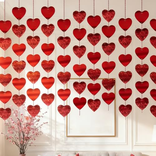 Set di 12 ghirlande di stelle filanti rosse con cuori pendenti bifacciali, ghirlande di cuori glitterati, striscioni glitterati per San Valentino, matrimonio, fidanzamento, anniversario