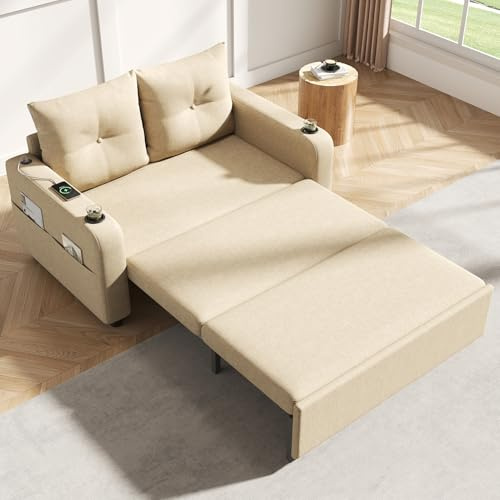 3-in-1 Schlafsofa, ausziehbares Sofa Bett mit Schlaf-Funktion, Doppelsofa mit Getränkehalter, Seitentaschen, Kissen und USB-Anschluss, modernes Design, geeignet für Wohnzimmer und Schlafzimmer (Beige)