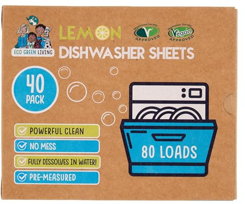 Eco Green Living Ekologiska Citrondiskmedelblad, växtbaserade, plastfria, biologiskt nedbrytbara, 40 tvättar, hållbara diskmedelblad, utan skadliga kemikalier.