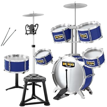Juego de batería para niños Baroni Toys, batería de juguete completa con tambores y platos, juego musical educativo, +3 años (8 piezas con taburete azul)