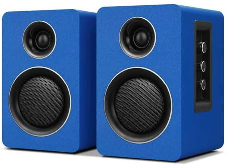 ZQMMSPK Active Bookshelf Speakers, 60W, Bluetooth 5.3, USB-C, AUX/RCA, Blue | A 3-inch carbon fiber woofer, 1-inch silk dome tweeter and wood cabinets. For PCs, turntables, TVs, gaming and music.