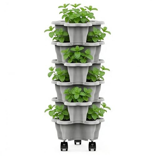 Uozonit Stackable Strawberry Planter, Tiered Vertical Garden Pots, 6-Tier Stackable Vertical Plant Tower with Universal Rolling Wheels for Strawberry Planting, Herb Cultivation