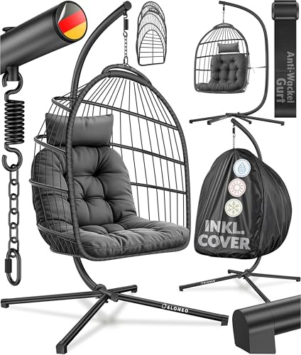 ELONEO Hängesessel mit Gestell und Premium Polster, Hängesessel Outdoor und Indoor inkl. Abdeckplane, Hängeschaukel Outdoor belastbar bis 160kg, Hanging Chair, anthrazit