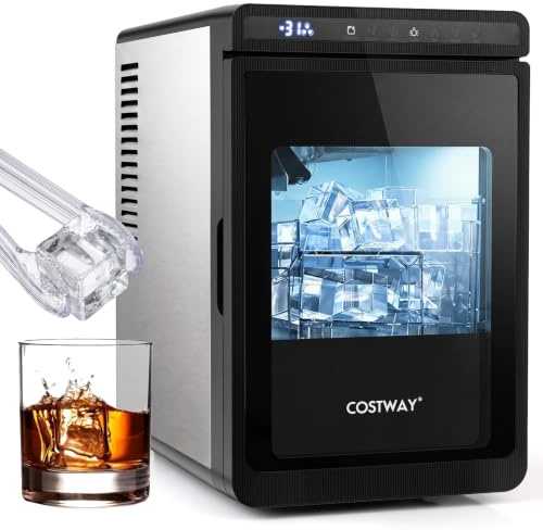 COSTWAY Machine a Glacons Transparents de Comptoir | Machine à Glace Silencieuse 12 kg/24h, Glaçons Carrés 4 cm à Fonte Lente, Épaisseur Réglable Auto-Nettoyage, Minuterie 24H
