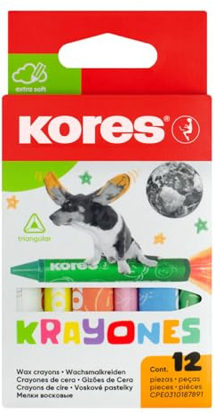 Kores - Krayones: 12 Wachsmalstifte für Kinder, Ergonomische Dreikantform, Ungiftig und Kinderfreundlich, Kunst und Basteln und Schulbedarf, Set von 12 sortierten Farben