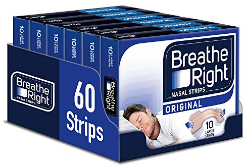 Breathe Right Nasenstreifen, Linderung von verstopftem Schnarchen für Männer und Frauen, groß, Original, 6er-Pack (insgesamt 60 Streifen)