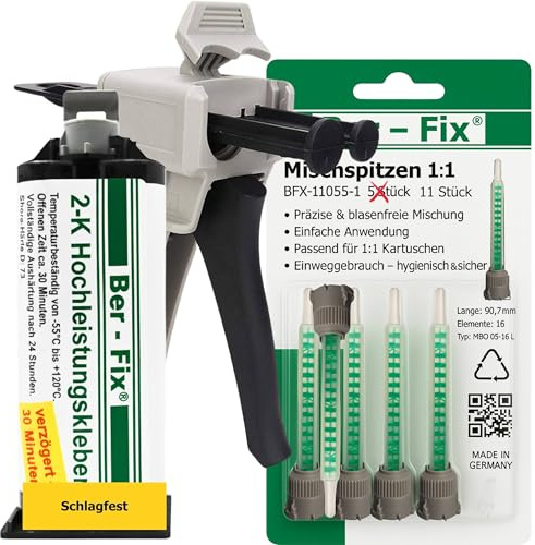 Ber-Fix Hochleistungskleber 2K MMA 30 Min 50g + 11 Düsen + Pistole | Hochleistungskleber 30 Min mit Dosierpistole und Mischdüsen für strukturstarke Reparaturen an Kunststoff