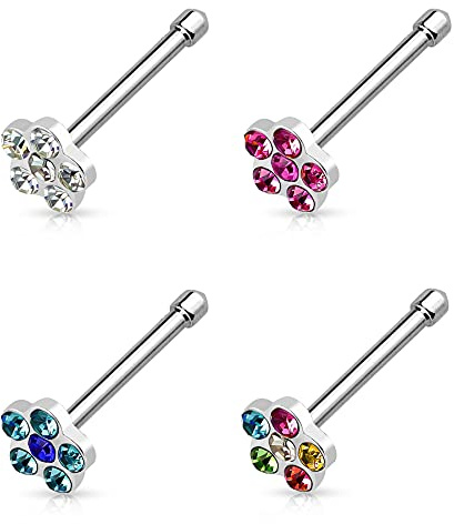Paula & Fritz® Nasenpiercing-s Stecker Piercing-s Nase Silber Nasen-Ring Nostril Spirale Nasenflügel Schmuck Chirurgenstahl Kristall-Blume 0,8-mm 6-mm