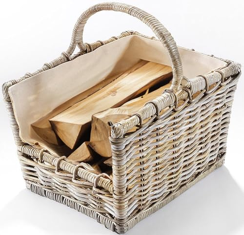Kobolo Holztrage aus Rattan | 50x38x45 cm | grau | stabiler Kaminholzkorb mit Griff & Stoffeinsatz | robuster Holzkorb handgeflochten für Brennholz, Kaminholz & Feuerholz | dekorative Holzaufbewahrung