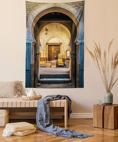 ABAKUHAUS Marokkanisch Wandteppich, Altes marokkanisches Motiv aus Weiches Mikrofaser Stoff Waschbar ohne Verblassen Digitaldruck, 110 x 150 cm,Beige Blau