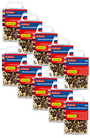 herlitz 100 Stück Metall-Taschenclips, runder Kopf in Hängebox, Messing (10 x 100 Stück)
