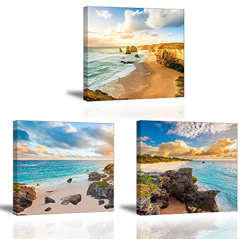 Piy Painting Impression sur Toile des Magnifique Paysage au Bord de la Mer, Prêt Suspendu Peinture Tableau Vue de Plage - Photo Peinture pour Art Déco Murale Salle de Bain Salon 3x30x30cm