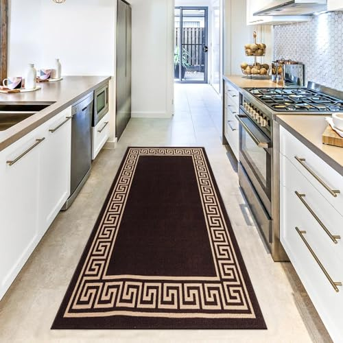 renoazul® Hallway Runner Rug Greeky - 66 x 220 cm, Brown Beige Rugs | Carpet Runner With Polypropylene Low Pile Rug, Non Slip Rubber Backing & Greek Bordered Design Anti Fatigue Mat