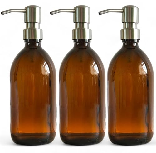 Amber Glass Bottles 500ml Soap Dispenser with Metal Pump (BPA-Free) Brown Glass Empty Soap Dispensers – Reusable Refillable Eco friendly, Sustainable Living/Gift (Brushed Steel, 3)