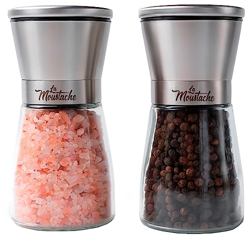 La Moustache - Set de Molinillos de Sal y Pimienta 13,5 x 6,2 cm de Cristal con Mecanismo de Cerámica y Tapas en Acero Inoxidable 304 | Salero y Pimentero/Especiero Manual de 180 ml