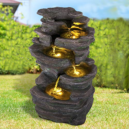Gartenbrunnen Brunnen Zierbrunnen Zimmerbrunnen Springbrunnen Brunnen mit LED-Licht 230V Wasserfall Wasserspiel für Garten, Gartenteich, Terrasse, Balkon Sehr Dekorativ (7-GB02178-4)