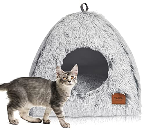 CATISM Katzenbett Waschbar Katzenschlafplatz für Katzen Katzenhöhle Plüsch Haustier Katzenkopfkissen Katzenhaus Katzenkissen Flauschiges Kätzchen Welpen Kuschelbett Haustierbett Grau