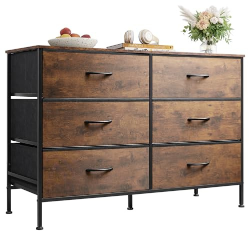 WLIVE Dresser for Bedroom with 6 Drawers, Wide Dresser TV Stand for 50 Inches TV, with Fabric Drawers, Metal Frame, Wooden Top, Storage Dressers for Bedroom, Hallway, Entryway, Rustic Brown