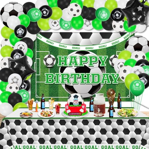 Accesorios para fiestas de fútbol, fondo y globos, juego de guirnaldas - fondo y manteles, 80 globos de látex para globos, arco para fiestas de cumpleaños infantiles