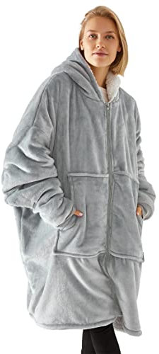 Vancavoo Manta con Capucha Sudadera Calentita Grande Pullover Mullido de Doble Capa Manta de TV Súper Suave y Cálida para Mujere Hombres Talla Unica Chaqueta con Bolsillos Oversize(Gris Claro)