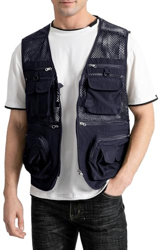 Sukany Men's Mesh Fishing Vest Utility Multi-Pocket Outdoor Work Shooting Safari Travel Photography Vest Blue 2XL