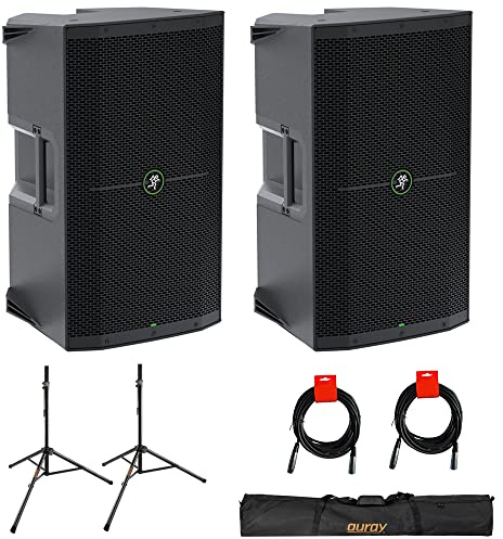 Mackie Thump212 1400W 12 Powered PA Loudspeaker System (Pair) Bundle with Auray SS-47S-PB Steel Speaker Stands, Carrying Case, and 2X 20 XLR-XLR Cable