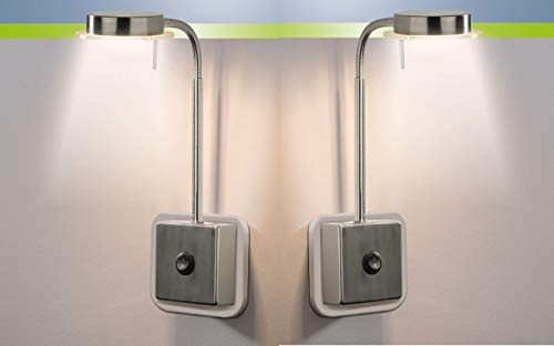 Trango 2er Pack 2605*2 LED Steckerleuchte in Edelstahl-Optik inkl. 5 Watt LED Modul 3000K warmweiß Leuchtmittel, Wandleuchte, Leselampe, Küchenlampe, Nachtlicht Wandlampe, Küchenlampe, Steckdose Lampe